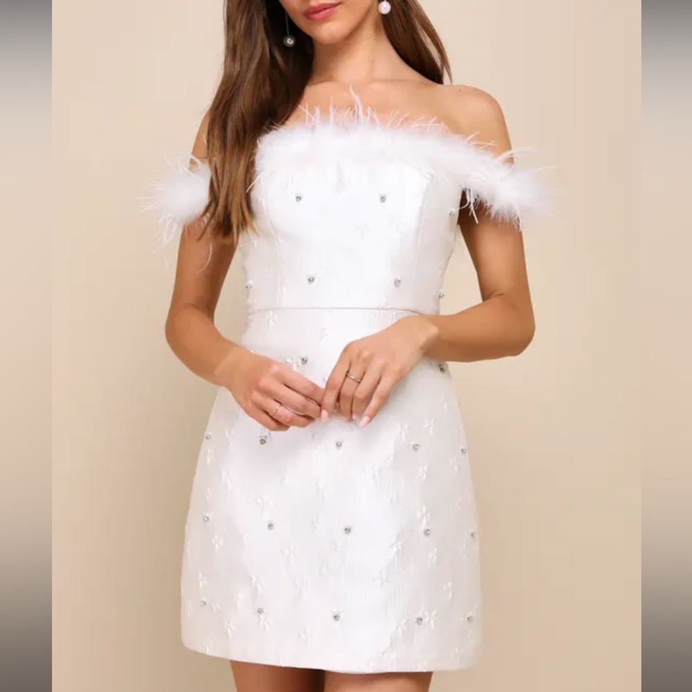Lulus/ Charming Always Ivory Floral Jacquard Feather Mini Dress